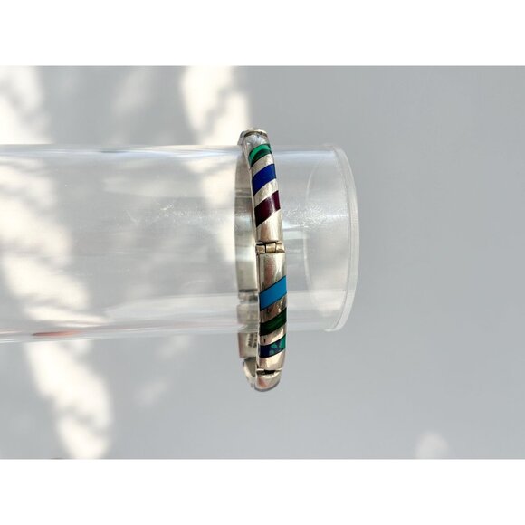 Taxco Turquoise Lapis Onyx, Malachite Vintage Hinged Mexican Sterling Bracelet - Picture 6 of 7